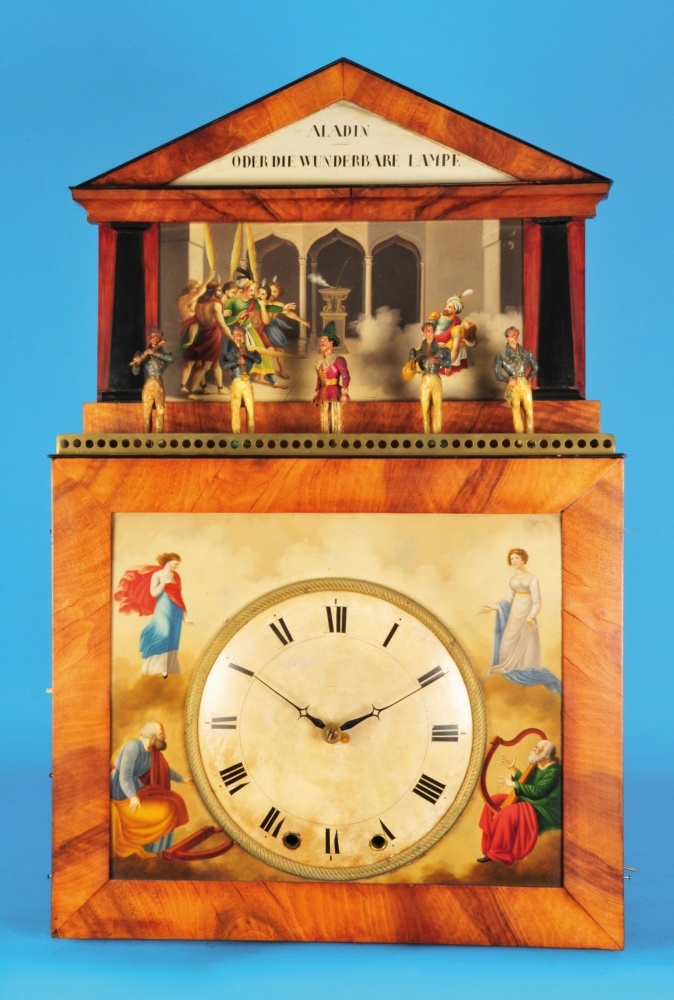 Black Forest flute grandfather clock with 5 automata and 8 melodies, signed  Mathias Albert in Sankt Märgen on the back wall of the stage set "Aladin -  oder die wunderbare Lampe". -